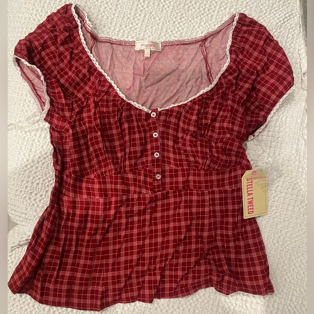 NWT Stella Tweed Plaid Lace Trim Top